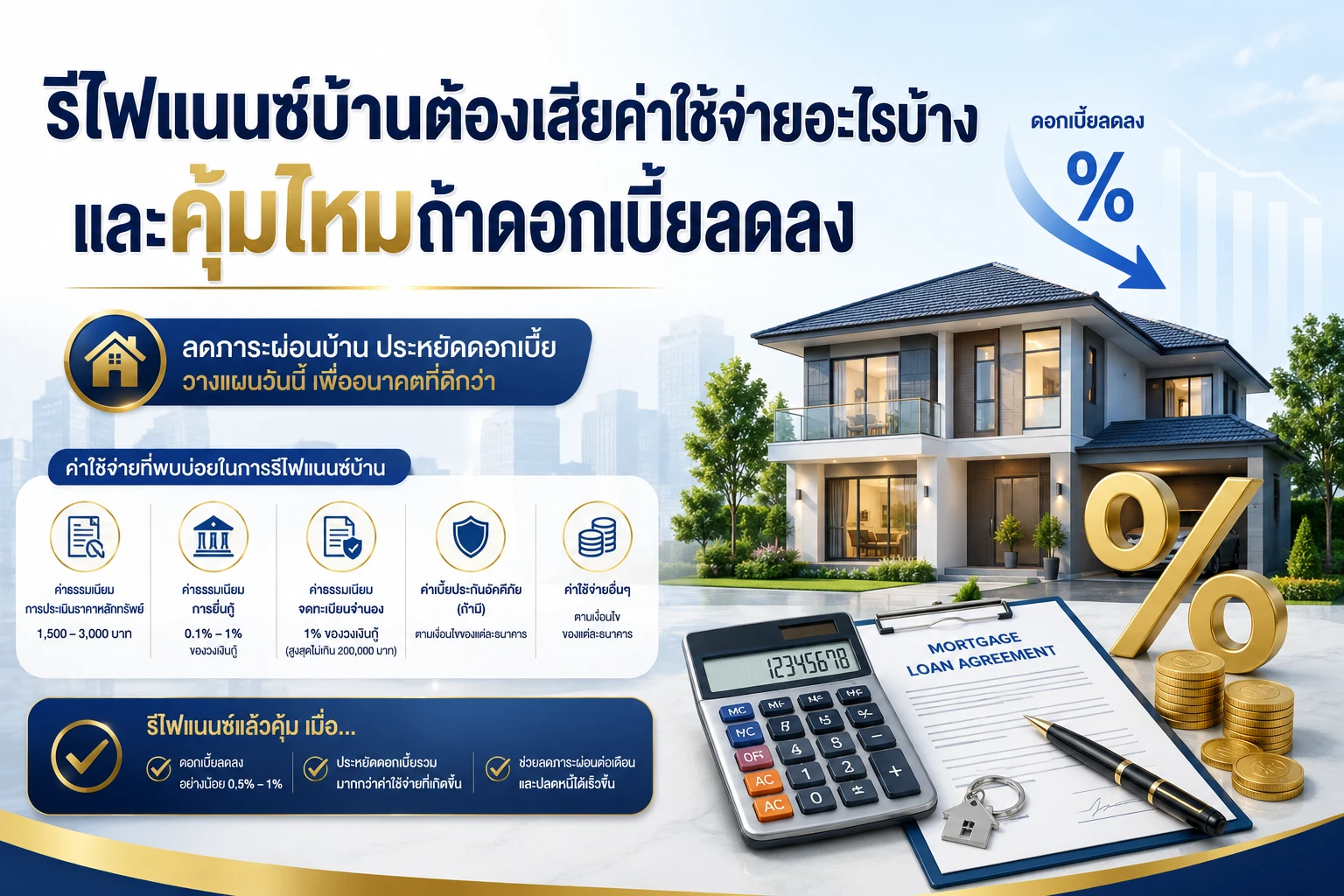 รีไฟแนนซ์บ้านต้องเสียค่าใช้จ่ายอะไรบ้าง และคุ้มไหมถ้าดอกเบี้ยลดลง