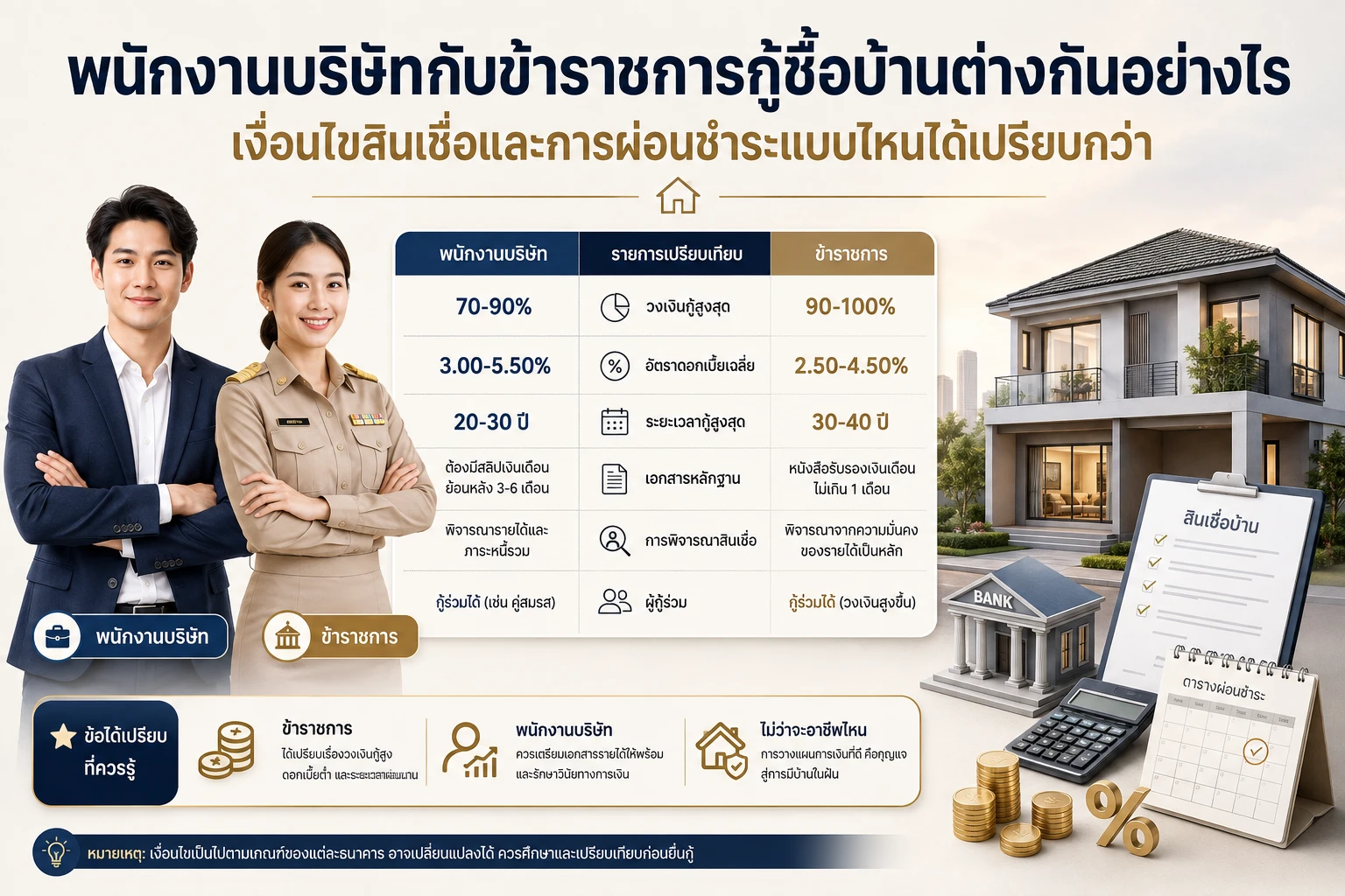 พนักงานบริษัทกับข้าราชการกู้ซื้อบ้านต่างกันอย่างไร เงื่อนไขสินเชื่อและการผ่อนชำระแบบไหนได้เปรียบกว่า